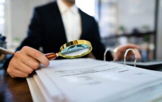 Valuer examining proprety valuation documents with a magnifying glass, highlighting the importance of detailed scrutiny and accuracy in property valuations for SMSFs.